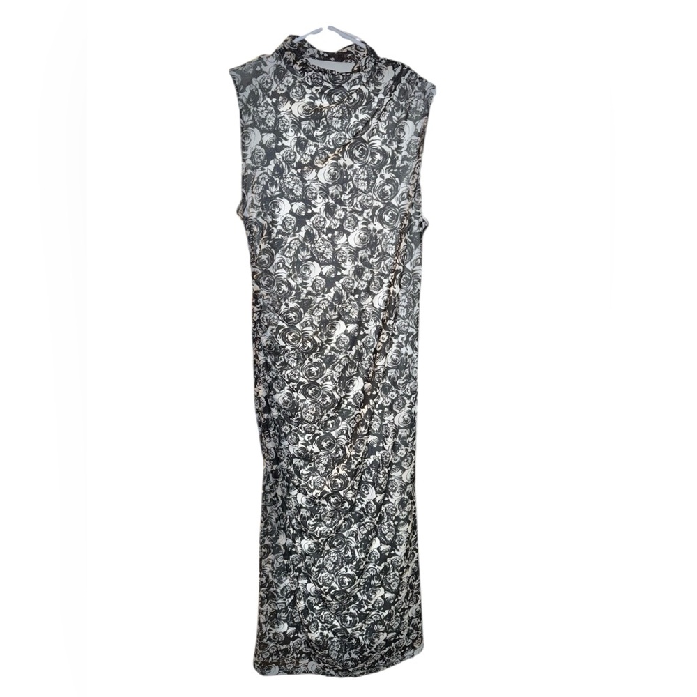 Betsey Johnson Black and White Lined Floral Maxi Dress, Size Large, NWOT